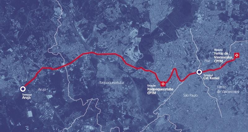 Mapa de corredor BRT metropolitano Perimetral Alto Tietê