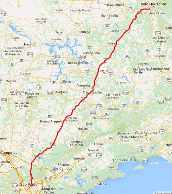 Mapa de Fernão Dias estrada - BR 381