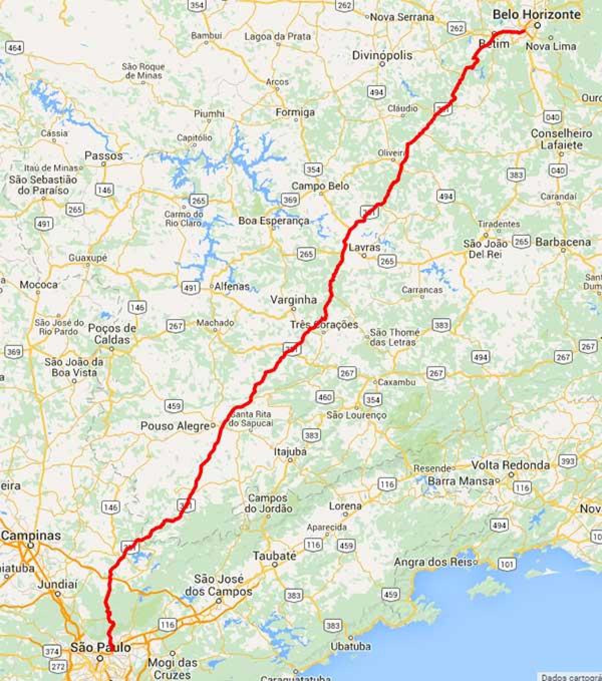 Mapa de Fernão Dias estrada - BR 381